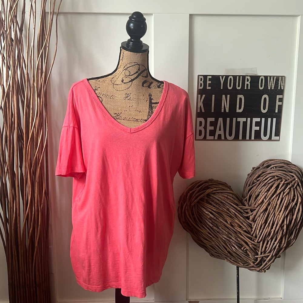 Aerie Coral Color Extreme V-Neck 100% Cotton Short Sleeve Tee Shirt